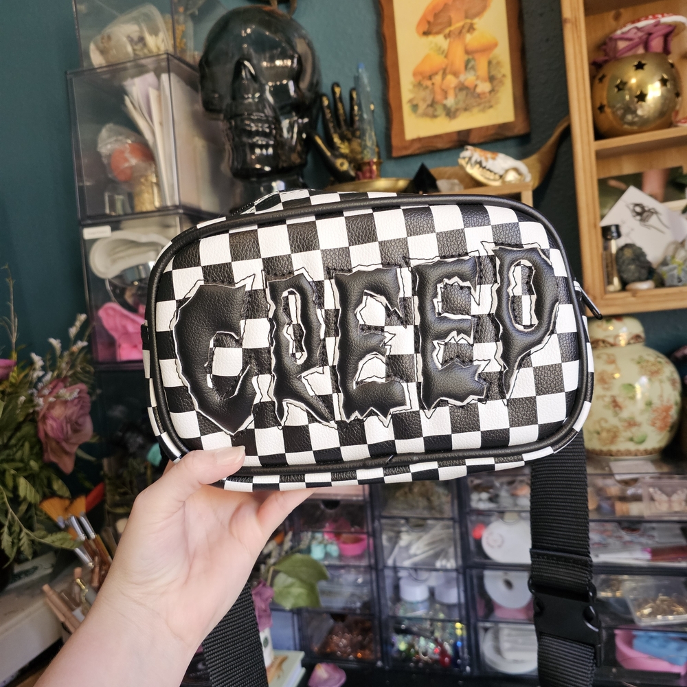 Love Pain & Stitches Crossbody Bag with 'CREEP' Graphic - Black & White